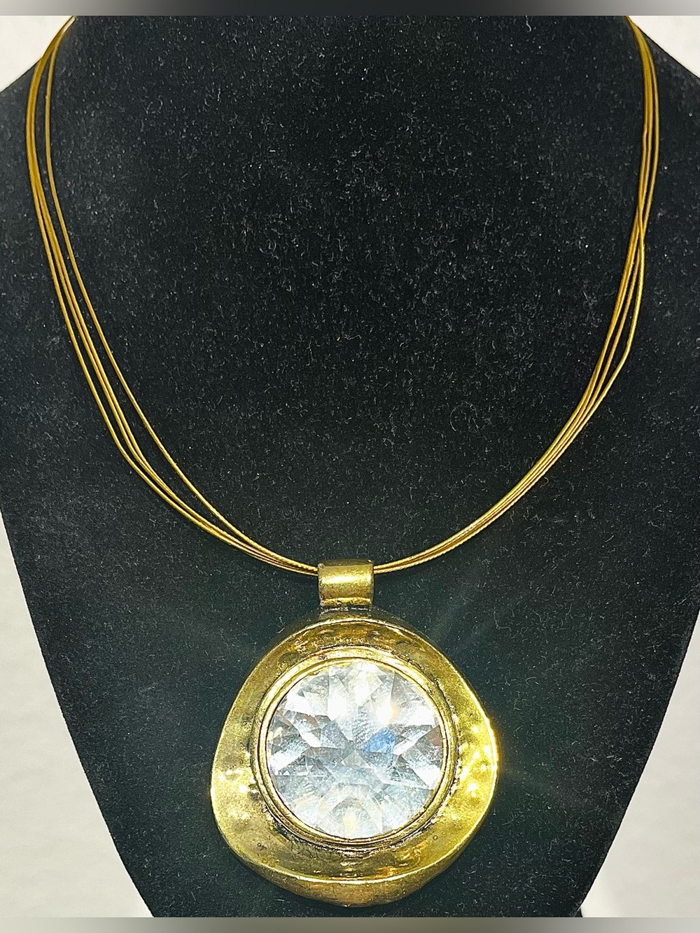 Vintage Gold Pendant Necklace with Clear Faceted Crystal